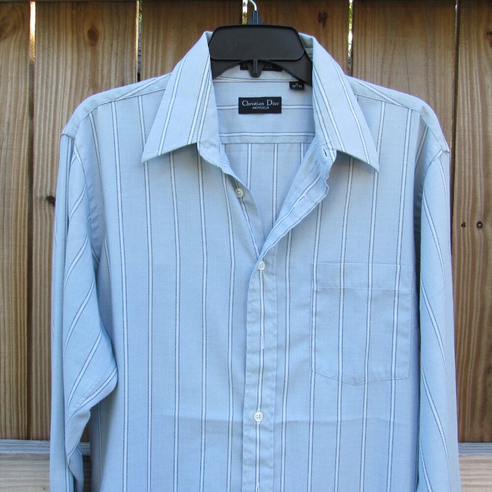 Christian Dior Men Button-up Dress shirt 16/32-33 Bluish Gray w/ White stripes - Picture 3 of 16